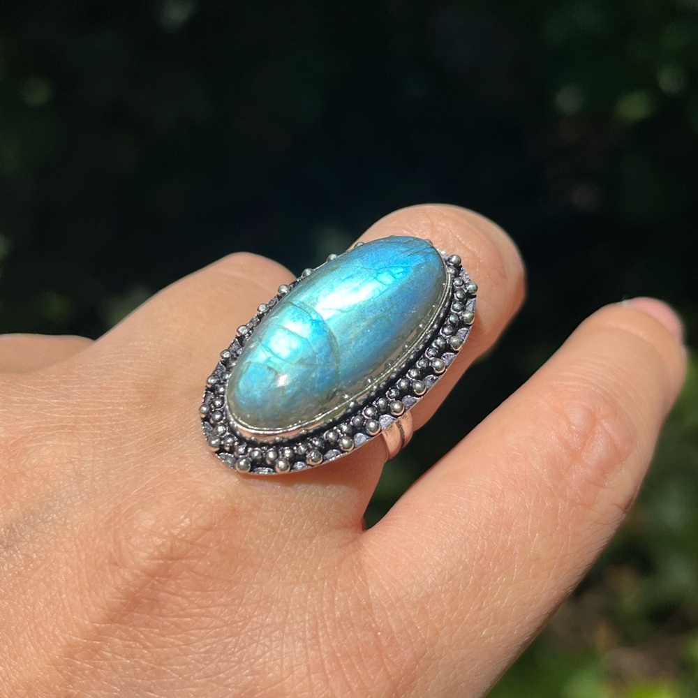 Size 7.25 925 silver plated blue flash labradorite oval ring 2235‎